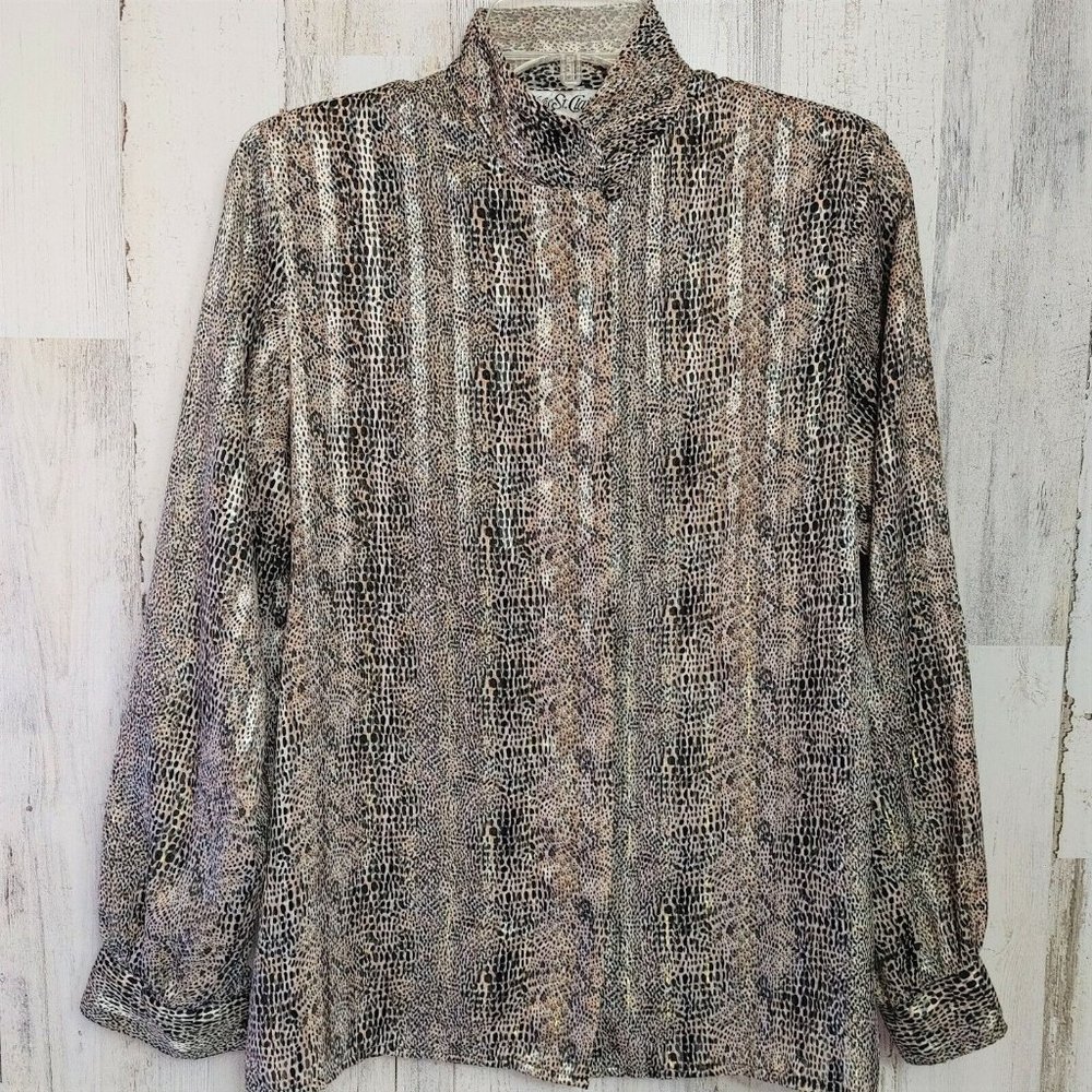 Vintage Yves St. Clair Button Up Blouse Animal Print Shoulder Pads Women's Sz 6